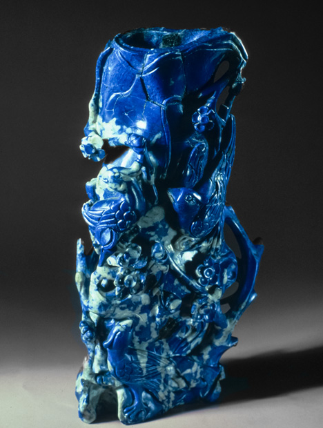 Lapis Lazuli. Throughout history, lapis has been fashioned into ornamental objects. This elaborate carving takes advantage of the striking contrast between light-colored calcite and the deep blue of lapis.