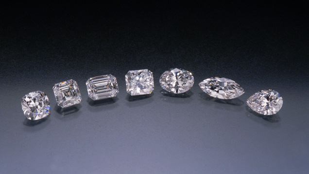 These diamonds feature a range of shapes and cutting styles. From left: cushion cut, Ascher cut, emerald cut, princess cut, oval shape, marquise shape, pear shape. Courtesy of Lazare Kaplan Diamonds. These diamonds feature a range of shapes and cutting styles. From left: cushion cut, Ascher cut, emerald cut, princess cut, oval shape, marquise shape, pear shape. Courtesy of Lazare Kaplan Diamonds.