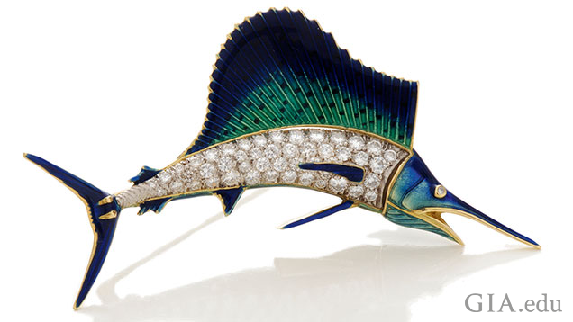 The sailfish body is made from diamonds and the rest from blue, green and black enamel accented with yellow. The sailfish body is made from diamonds and the rest from blue, green and black enamel accented with yellow.