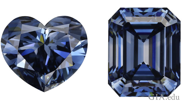 A 5.26 carat Fancy Deep blue, heart-shaped HPHT synthetic diamond (left). A 5.27 carat Fancy Deep blue, emerald-cut HPHT synthetic diamond (right).