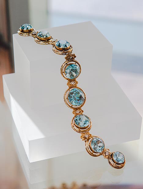 Blue Zircon Bracelet. Zircon can be worn and enjoyed for its beauty with a few precautions to avoid rough wear that could cause abrasions. - Courtesy Sarah & Leonard Friedman