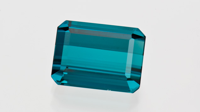 5.19-carat Emerald-cut Tourmaline. This 5.19-carat medium-dark, very strongly greenish blue emerald-cut tourmaline is from Namibia.