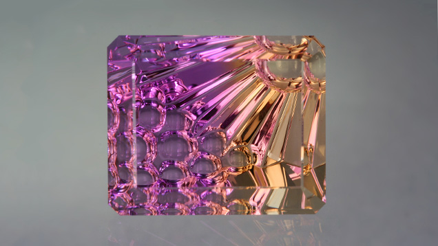 The best ametrines show distinct areas of orangy yellow and purple. These colors are featured in this graceful cut design. Photo by Lydia Dyer, © John Dyer & Co., gem courtesy John Dyer & Co. The best ametrines show distinct areas of orangy yellow and purple. These colors are featured in this graceful cut design. Photo by Lydia Dyer, © John Dyer & Co., gem courtesy John Dyer & Co.