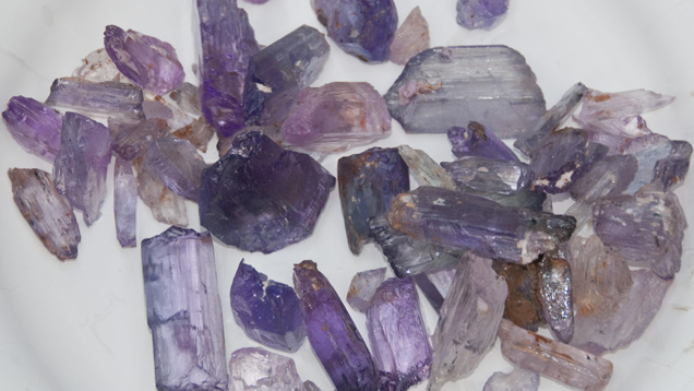 Kunzite. This group of kunzite crystals was recovered from the Oceanview Mine in the Pala mining district of San Diego County, California. - Brendan Laurs