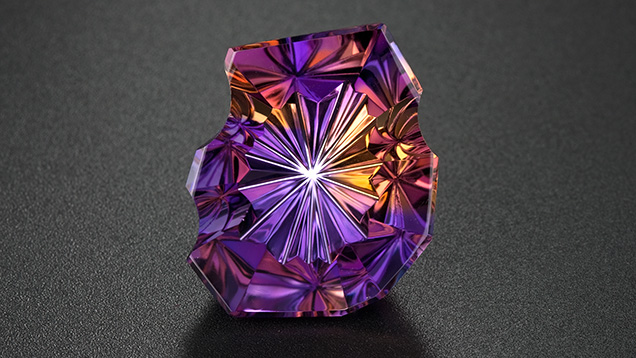 This 87.66-ct. ametrine displays the rich purple of amethyst along with the contrasting orangy yellow of citrine. Photo by Robert Weldon/GIA, Courtesy Minerales y Metales del Oriente, Bolivia, SA. This 87.66-ct. ametrine displays the rich purple of amethyst along with the contrasting orangy yellow of citrine. Photo by Robert Weldon/GIA, Courtesy Minerales y Metales del Oriente, Bolivia, SA.