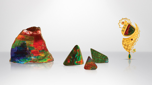 Pieces of Ammolite and Ammolite Broach Pieces of Ammolite and Ammolite Broach