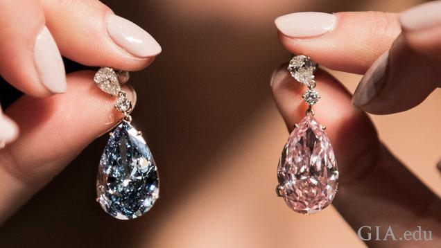 The Apollo and Artemis diamonds, twin fancy colored diamonds of 14.54 cts and 16 cts, respectively, sold for $57 million at Sotheby’s Geneva auction in May. Photo courtesy of Sotheby’s