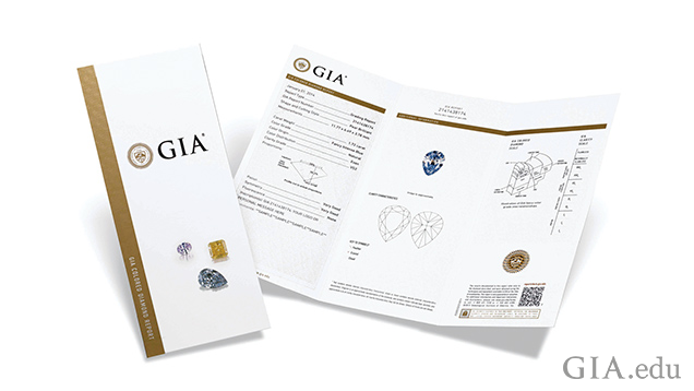 Image of cover and inside of GIA colored diamond grading report. Image of cover and inside of GIA colored diamond grading report.