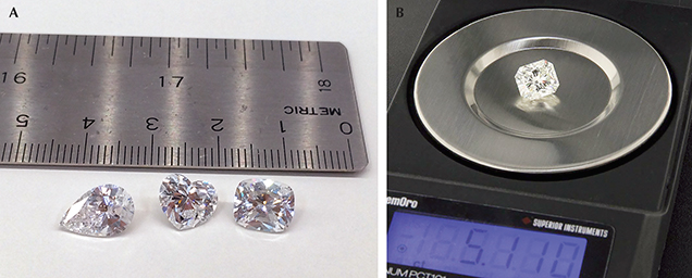 Three colorless synthetic diamonds weighing 2.02, 2.20, and 2.30 ct Three colorless synthetic diamonds weighing 2.02, 2.20, and 2.30 ct
