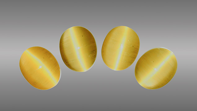 Four cat’s-eye heliodor cabochons. Four cat’s-eye heliodor cabochons.