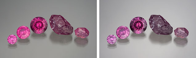 Pink pyrope garnet, shown under incandescent and daylight-equivalent light Pink pyrope garnet, shown under incandescent and daylight-equivalent light