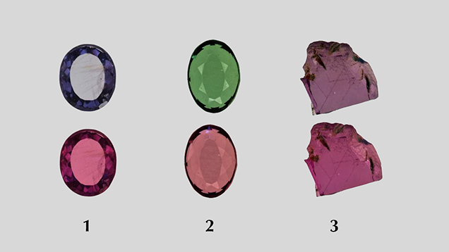 Polished “color-change” pyrope garnet wafers under daylight-equivalent and incandescent light Polished “color-change” pyrope garnet wafers under daylight-equivalent and incandescent light