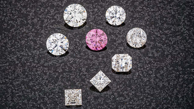 Near-colorless and pink CVD-grown diamonds. Near-colorless and pink CVD-grown diamonds.
