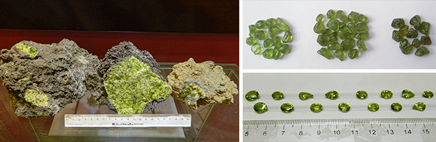 Vietnamese peridot nodules, rough stones, and faceted samples Vietnamese peridot nodules, rough stones, and faceted samples