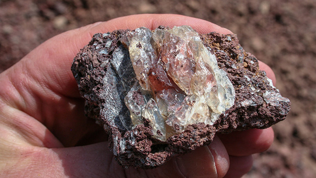 We recovered this nice specimen of zoned sunstone crystal in host basalt after it passed through the wet trommel. You can see that the crystal was originally considerably larger. - Duncan Pay We recovered this nice specimen of zoned sunstone crystal in host basalt after it passed through the wet trommel. You can see that the crystal was originally considerably larger. - Duncan Pay