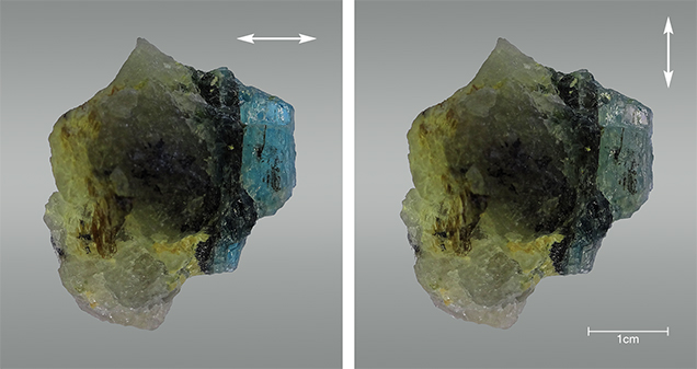 Greenish blue and pale yellow color in grandidierite Greenish blue and pale yellow color in grandidierite