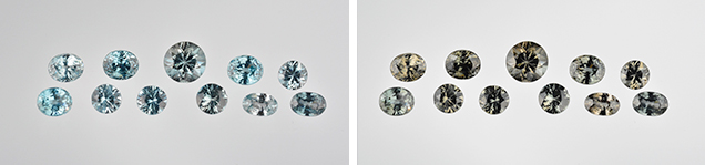 FA16-Renfro-fig2-Comp_208089-636x149.jpg. Faceted blue zircons before and after long-wave UV exposure
