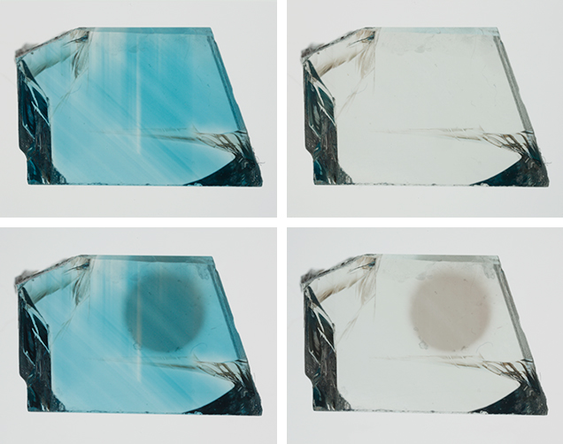 FA16-Renfro-fig3-Comp_208088-636x502.jpg. Blue zircon wafer before and after long-wave UV exposure