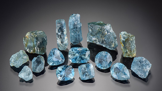 Rough and faceted Nigerian aquamarine. Rough and faceted Nigerian aquamarine.