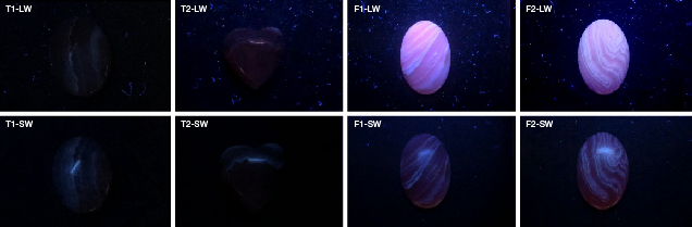 Natural and imitation rhodochrosite reaction to UV light Natural and imitation rhodochrosite reaction to UV light