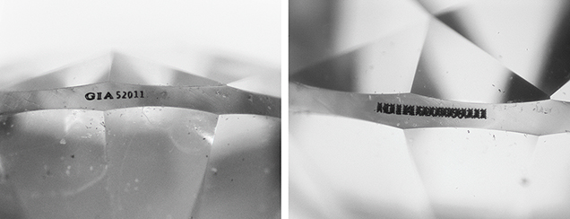 Fraudulent inscriptions (left) are normally obscured once encountered by GIA (right). Fraudulent inscriptions (left) are normally obscured once encountered by GIA (right).
