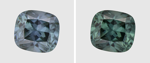 Color-change zircon seen under both cool and warm white light. Color-change zircon seen under both cool and warm white light.