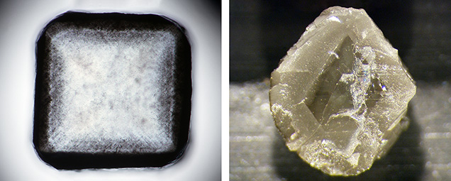 Two examples of fibrous diamonds, which often form as imperfect cube-shaped crystals. Two examples of fibrous diamonds, which often form as imperfect cube-shaped crystals.