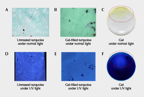 The turquoise and gel solution seen under normal and UV light.