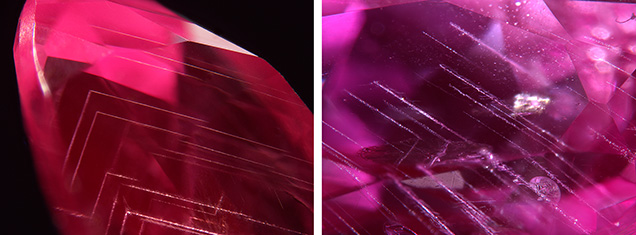 Inclusions in these Muling sapphire samples form angular-shaped patterns and subparallel lines. Inclusions in these Muling sapphire samples form angular-shaped patterns and subparallel lines.