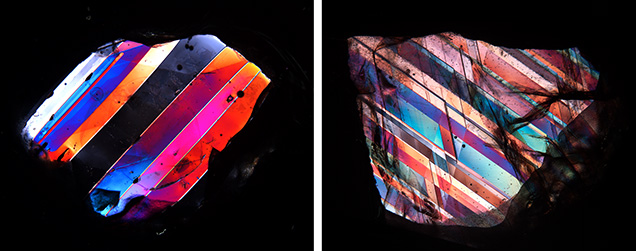 Polysynthetic twinning can be seen under cross polarizers. Polysynthetic twinning can be seen under cross polarizers.