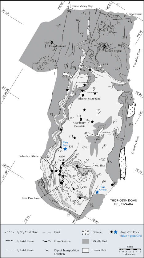 Figure 2. Simplified geological map of the Thor-Odin dome showing the location of known cordierite-orthoamphibole rock occurrences, including the Blue Bear and Blue Arrow gem cordierite occurrences. Modified after Goergen and Whitney (2012), reproduced with permission from SNCSC (© 2011 Springer-Verlag. Contrib. Mineral. Petrol., Volume 163).