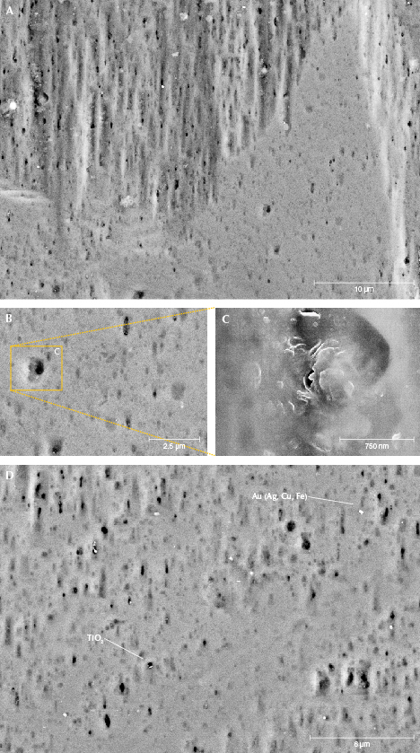 Figure 12. Combined SEM-BSE images of enlarged areas of a prism face, showing small-scale porosity. A: The edge of an etch pit with elongated C-type etch pits. The smooth surface is a prism face near the etch pit. B and C: Enlarged part of the prism face, showing anhedral pores measuring several hundred nanometers. D: A surface with very small grains of gold with silver, copper, and iron impurities, as well as titanium dioxide (chemical composition determined by EDS). Figure 12. Combined SEM-BSE images of enlarged areas of a prism face, showing small-scale porosity. A: The edge of an etch pit with elongated C-type etch pits. The smooth surface is a prism face near the etch pit. B and C: Enlarged part of the prism face, showing anhedral pores measuring several hundred nanometers. D: A surface with very small grains of gold with silver, copper, and iron impurities, as well as titanium dioxide (chemical composition determined by EDS).