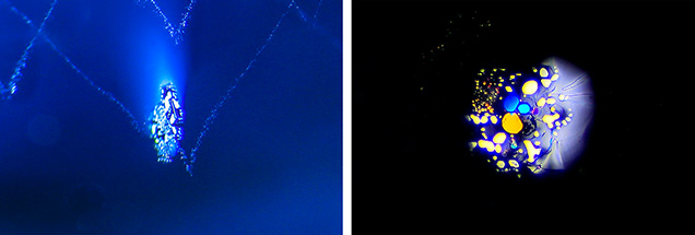 Figure 3. The thin film along the basal plane of the aquamarine under fiber-optic illumination. Photomicrographs by Yizhi Zhao; fields of view 3.45 mm (left) and 1.72 mm (right). Figure 3. The thin film along the basal plane of the aquamarine under fiber-optic illumination. Photomicrographs by Yizhi Zhao; fields of view 3.45 mm (left) and 1.72 mm (right).