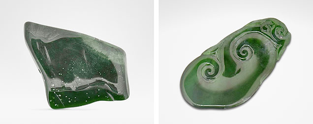 Figure 1. Yongchuliao samples collected for testing. The rough sample on the left weighs 30.1 ct, and the carving on the right weighs 12.85 ct. Photos by Shilong Xu.