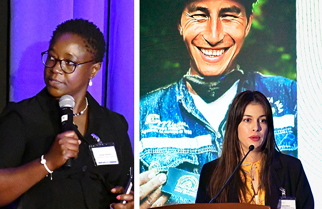 Figure 2. Left: Abigail Sibanda describes efforts by the Marange Women’s Alliance to help women and girls in Zimbabwe. Right: Laura Galvis (ARM) speaks about Fairmined-certified projects combining gold mining and agriculture in Colombia. Photos courtesy of RJT. Figure 2. Left: Abigail Sibanda describes efforts by the Marange Women’s Alliance to help women and girls in Zimbabwe. Right: Laura Galvis (ARM) speaks about Fairmined-certified projects combining gold mining and agriculture in Colombia. Photos courtesy of RJT.