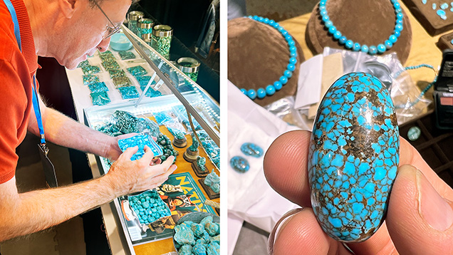 Figure 3. Left: A conference participant examines turquoise cabochons. Right: Iranian turquoise cabochon with a brown “spiderweb” matrix pattern. Photos by Aaron Palke.