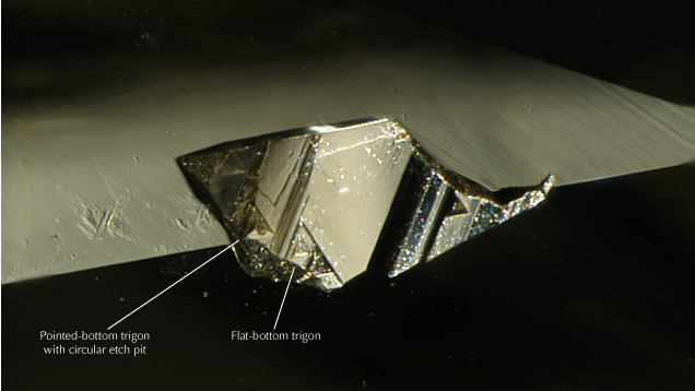 Figure 2. Flat-bottom and pointed-bottom trigons (surface features restricted to an octahedral crystal face) preserved on an unpolished portion of the diamond. A circular etch pit overprinting a pointed-bottom trigon indicates a late-stage diamond dissolution event that postdated the formation of the trigon. Photomicrograph by Matthew Hardman; field of view 1.26 mm. Figure 2. Flat-bottom and pointed-bottom trigons (surface features restricted to an octahedral crystal face) preserved on an unpolished portion of the diamond. A circular etch pit overprinting a pointed-bottom trigon indicates a late-stage diamond dissolution event that postdated the formation of the trigon. Photomicrograph by Matthew Hardman; field of view 1.26 mm.