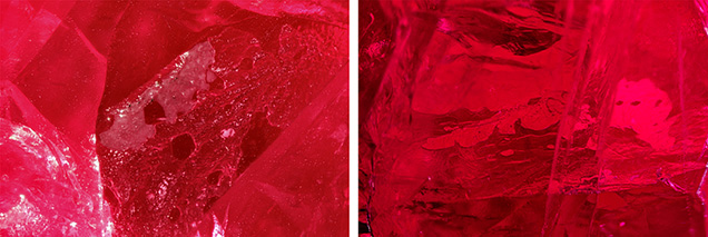 Figure 2. A fracture with whitish filler (left) and trapped air pockets (right). Photomicrographs by Shiva Sohrabi; fields of view 1.58 mm (left) and 2.90 mm (right). Figure 2. A fracture with whitish filler (left) and trapped air pockets (right). Photomicrographs by Shiva Sohrabi; fields of view 1.58 mm (left) and 2.90 mm (right).