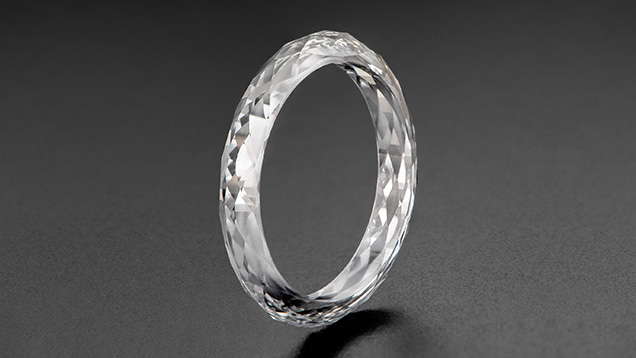 Figure 1. The 4.04 ct ring fashioned from a single-crystal CVD diamond. Photo by Towfiq Ahmed. Figure 1. The 4.04 ct ring fashioned from a single-crystal CVD diamond. Photo by Towfiq Ahmed.