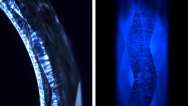 Figure 3. Strong birefringence observed under cross-polarized light (left) and blue fluorescence observed in the DiamondView (right). Images by Paul Johnson (left) and Madelyn Dragone (right). Figure 3. Strong birefringence observed under cross-polarized light (left) and blue fluorescence observed in the DiamondView (right). Images by Paul Johnson (left) and Madelyn Dragone (right).
