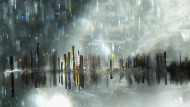Blade-like magnetite inclusions developed from a healed fracture in a 2.08 ct Burmese peridot resemble a rainy lakeside city. Photomicrograph by Makoto Miura; field of view 1.06 mm. Blade-like magnetite inclusions developed from a healed fracture in a 2.08 ct Burmese peridot resemble a rainy lakeside city. Photomicrograph by Makoto Miura; field of view 1.06 mm.