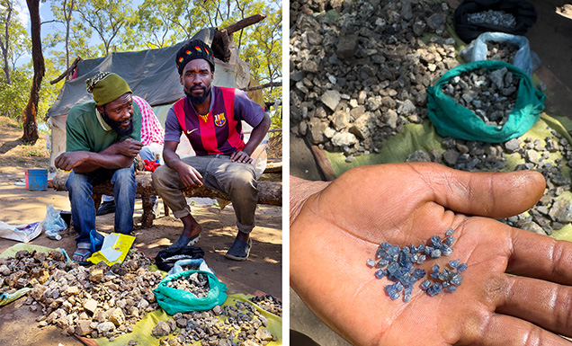 Figure 3. Left: Two miners with kilos of sapphire rough. Right: The result of their work after breaking the heavily fractured sapphires into attractive parcels of small sapphire. Photos by Vincent Pardieu.