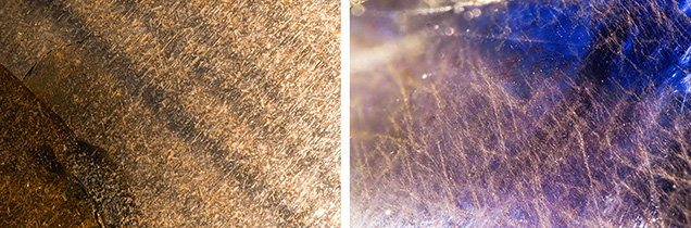 Figure 6. Bronzy reflective silk in dense linear bands (left) and as stringers (right) in the Matepwende sapphires with a nonclassical-type UV-Vis-NIR spectrum. Photomicrographs by Aaron Palke; fields of view 1.99 mm (left) and 2.90 mm (right).
