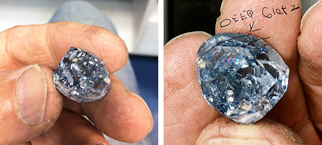 Figure 2. Lieberman examines a 40 ct rough blue diamond that yielded a 15 ct heart. The lines on the right photo indicate where the stone might be sawn. Photos courtesy of Harvey Lieberman.