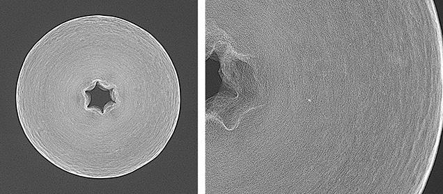 Figure 2. Left: RTX image of a cotton pearl featuring a star-shaped center hole, likely a manufacturing remnant. Fine concentric banding can be seen along with a bright white outer edge representing the higher-density surface coating. Right: A closer view of the bead reveals a fine fibrous texture.