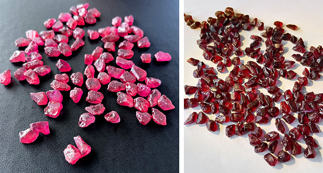 Figure 4. Range of rubies produced by the MRM mine in Mozambique: pinkish red material (left, 3.5–5.0 ct) and darker, more “closed” red rubies (right, 2.5–3.5 ct). Photos by Wim Vertriest.