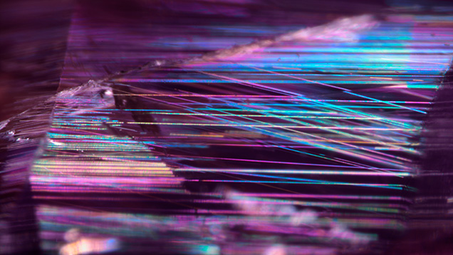 Figure 2. Iridescent tube inclusions (bottom left corner in figure 1) in pezzottaite, shown in darkfield illumination. Photomicrograph by Rhiana Elizabeth Henry; field of view 2.5 mm.