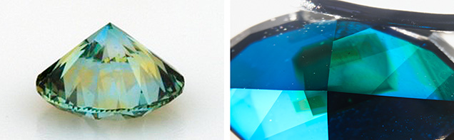 Figure 2. Viewed through the pavilion, sector-dependent color zones were apparent in both the round brilliant (left) and the marquise (right; field of view 7.19 mm). Photomicrograph by Taryn Linzmeyer. Figure 2. Viewed through the pavilion, sector-dependent color zones were apparent in both the round brilliant (left) and the marquise (right; field of view 7.19 mm). Photomicrograph by Taryn Linzmeyer.