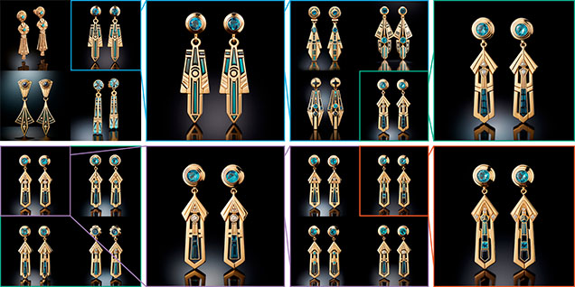 Figure 1. Midjourney 5.2 image variations produced from the prompt “a pair of 18 karat yellow gold earrings featuring a fusion of Art Deco and ancient Egyptian styles.” At each stage in this figure, the user selects one of the images (marked here by the colored square boundary) and feeds it back into the AI, which generates four new variations. In this manner, the image is further refined to suit the tastes of the designer or the client. Figure 1. Midjourney 5.2 image variations produced from the prompt “a pair of 18 karat yellow gold earrings featuring a fusion of Art Deco and ancient Egyptian styles.” At each stage in this figure, the user selects one of the images (marked here by the colored square boundary) and feeds it back into the AI, which generates four new variations. In this manner, the image is further refined to suit the tastes of the designer or the client.
