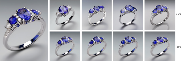 Figure 14. Dream Studio SDXL v1.0 AI-generated image using the prompt “platinum three-stone ring, tanzanite center gem, diamond side gems, photorealistic” (left) and variations with 25% and 50% image strength (right). Figure 14. Dream Studio SDXL v1.0 AI-generated image using the prompt “platinum three-stone ring, tanzanite center gem, diamond side gems, photorealistic” (left) and variations with 25% and 50% image strength (right).